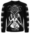 Лице на мъжка тениска с дълъг ръкав Darkthrone Baphomet с бяла щампа и лога по ръкавите