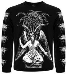 Лице на мъжка тениска с дълъг ръкав Darkthrone Baphomet с бяла щампа и лога по ръкавите