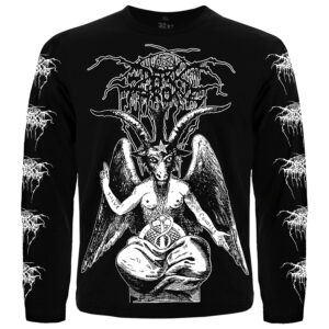 Лице на мъжка тениска с дълъг ръкав Darkthrone Baphomet с бяла щампа и лога по ръкавите