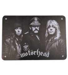 Метална табела Motörhead с черно-бял портрет на триото