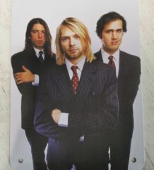 Метална табела Nirvana с портрет на Кърт Кобейн, Дейв Грол и Крист Новоселич