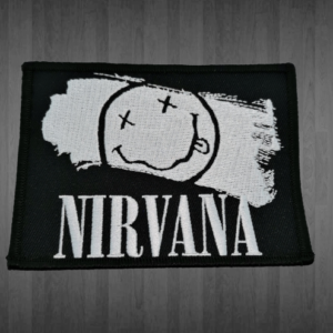 Правоъгълна бродирана метъл нашивка Nirvana с Smiley лого и бял надпис