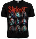 Предна част на черна метъл тениска Slipknot We Are Not Your Kind с цветен принт на деветте маски