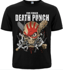 Предна част на мъжка метъл тениска Five Finger Death Punch с череп и червена ръка