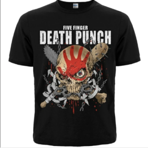 Предна част на мъжка метъл тениска Five Finger Death Punch с череп и червена ръка