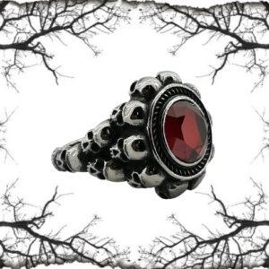 Пръстен с черепи от неръждаема стомана и голям червен камък - Hover Image