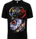 Предна част на черна метъл тениска Obituary с цветно лого и графично око