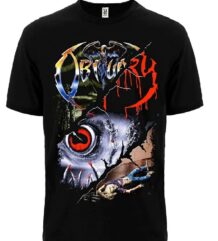 Предна част на черна метъл тениска Obituary с цветно лого и графично око