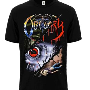 Предна част на черна метъл тениска Obituary с цветно лого и графично око