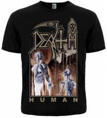 Лице на черна дет метъл тениска Death Human с графичен принт на анатомични фигури