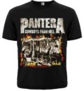 Лице на черна груув метъл тениска Pantera Cowboys from Hell с огнена щампа на групата
