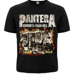 Лице на черна груув метъл тениска Pantera Cowboys from Hell с огнена щампа на групата