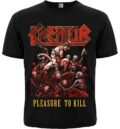 Предна част на черна метъл тениска Kreator с обложката на Pleasure to Kill и червено лого