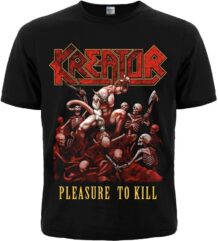 Предна част на черна метъл тениска Kreator с обложката на Pleasure to Kill и червено лого