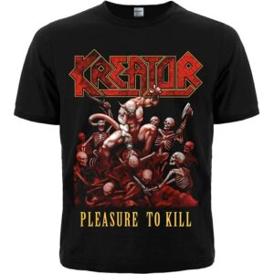 Предна част на черна метъл тениска Kreator с обложката на Pleasure to Kill и червено лого