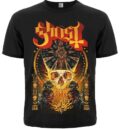 Предна част на черна метъл тениска Ghost BC с масивна щампа на череп и златни орнаменти.
