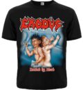 Лице на черна траш метъл тениска Exodus Bonded by Blood с цветна щампа на близнаци
