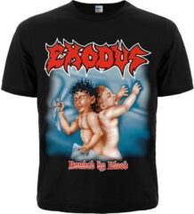 Лице на черна траш метъл тениска Exodus Bonded by Blood с цветна щампа на близнаци