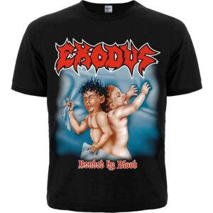 Лице на черна траш метъл тениска Exodus Bonded by Blood с цветна щампа на близнаци