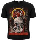 Предна част на черна метъл тениска Slayer с голяма щампа на череп и лого South of Heaven.