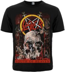 Предна част на черна метъл тениска Slayer с голяма щампа на череп и лого South of Heaven.