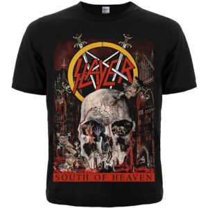 Предна част на черна метъл тениска Slayer с голяма щампа на череп и лого South of Heaven.