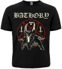 Лице на черна метъл тениска Bathory с козел и червен пентаграм