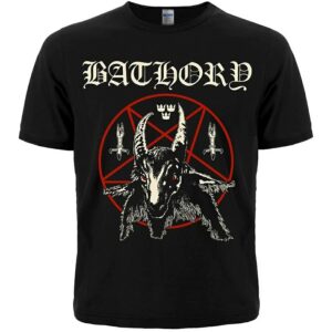 Лице на черна метъл тениска Bathory с козел и червен пентаграм