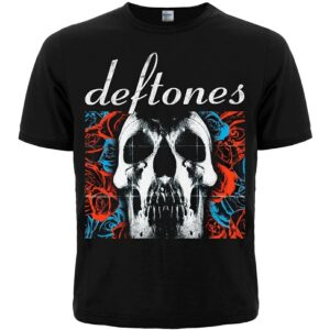 Предна част на черна музикална тениска Deftones с бял череп и синьо-червени рози