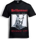 Лице на черна метъл тениска Hellhammer Apocalyptic Raids с бял ситопечат на скелет върху трон