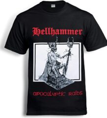 Лице на черна метъл тениска Hellhammer Apocalyptic Raids с бял ситопечат на скелет върху трон