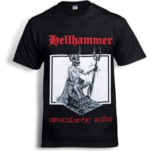 Лице на черна метъл тениска Hellhammer Apocalyptic Raids с бял ситопечат на скелет върху трон