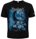 Лице на черна готик метъл тениска Moonspell Wolfheart със синя щампа на вълци и луна