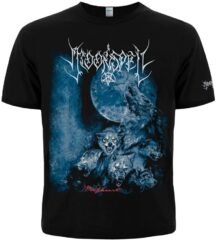 Лице на черна готик метъл тениска Moonspell Wolfheart със синя щампа на вълци и луна