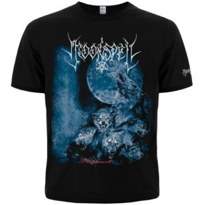 Лице на черна готик метъл тениска Moonspell Wolfheart със синя щампа на вълци и луна