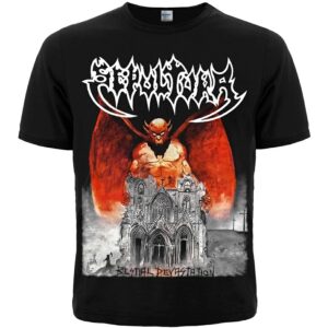 Лице на мъжка тениска с щампа Sepultura Bestial Devastation в червен и бял цвят