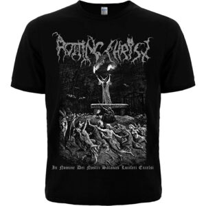 Лице на черна метъл тениска Rotting Christ In Nomine с бяла щампа на окултен ритуал
