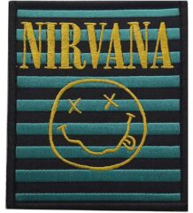 Оригинална везана гръндж нашивка Nirvana със Smiley лого на тюркоазени райета