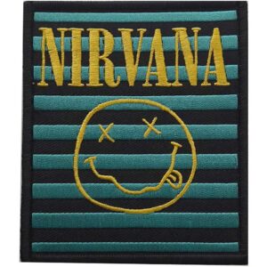 Оригинална везана гръндж нашивка Nirvana със Smiley лого на тюркоазени райета