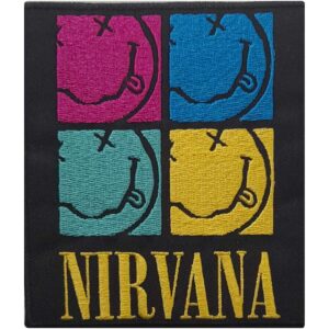 Лицензирана цветна бродирана нашивка Nirvana с четири Smiley лога и жълт надпис