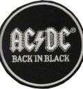 Оригинална везана рок нашивка AC/DC Back in Black в черно и сребристо.