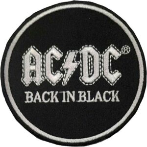 Оригинална везана рок нашивка AC/DC Back in Black в черно и сребристо.