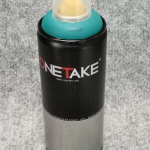 Флакон спрей боя за графити Onetake с тъмнотюркоазен ринг на сив фон