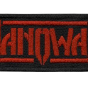 Бродирана метъл нашивка Manowar Logo в червен цвят върху черен фон