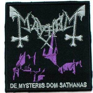Оригинална бродирана метъл нашивка Mayhem – De Mysteriis Dom Sathanas с лилава катедрала