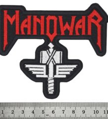 Оригинална бродирана метъл нашивка Manowar с бял чук и червено лого
