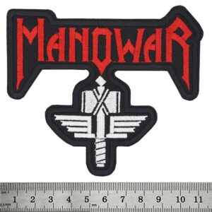 Оригинална бродирана метъл нашивка Manowar с бял чук и червено лого