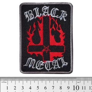 Метъл нашивка Black Metal с обърнат кръст в червени пламъци