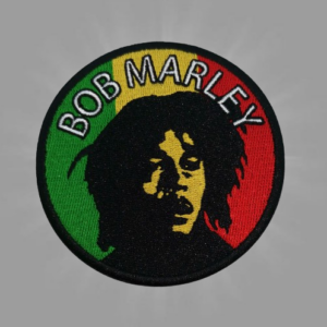 Кръгла бродирана реге нашивка с портрет на Bob Marley и цветовете зелено, жълто и червено