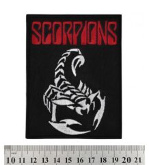 Рок нашивка Scorpions Logo & Scorpion с бяла бродерия и червено лого